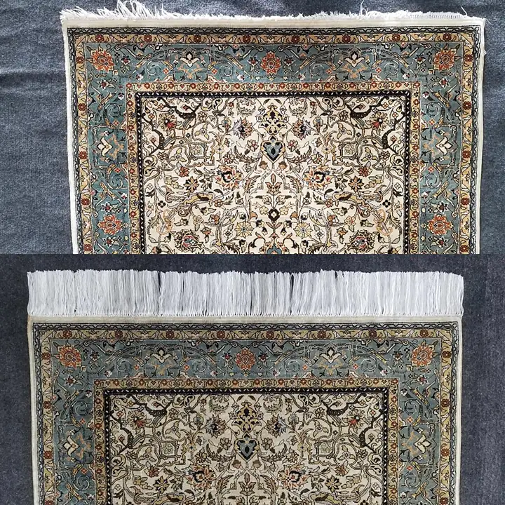 Avant et après blanchiment des franges grises d'un tapis d'Orient
