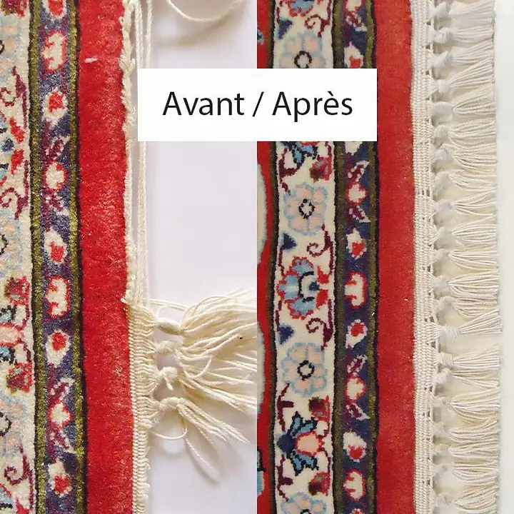 Avant et après réfection des franges d'un tapis d'Orient : franges emmêlées puis franges neuves