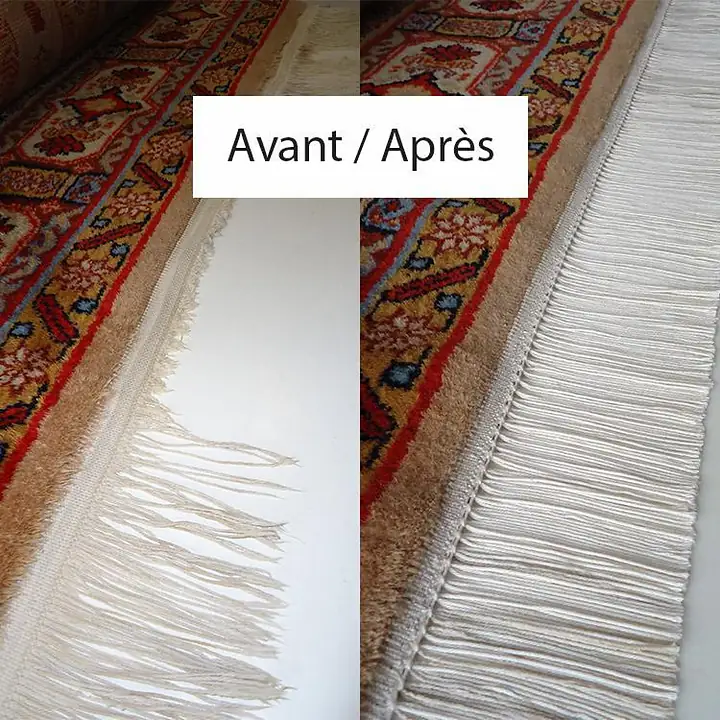 Avant et après blanchiment et réfection des franges d'un tapis persan