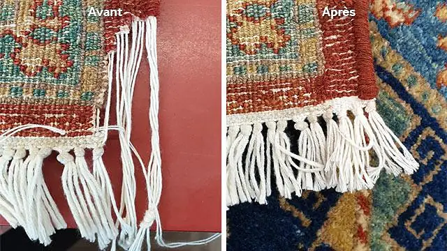 Avant et après renouage des franges d'un tapis : fils lâches puis frange régulière