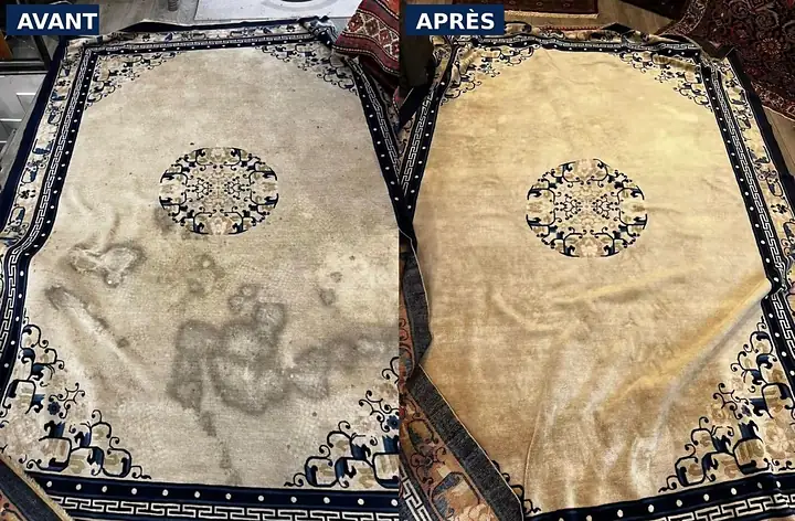 Avant et après nettoyage d'un tapis chinois beige : taches sombres puis fond uniforme