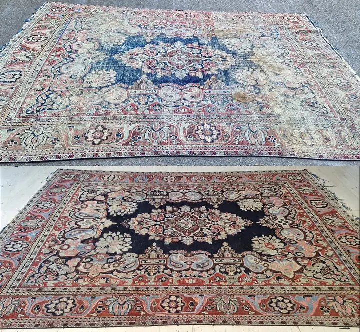 Avant et après nettoyage de deux tapis persans, l'un délavé et l'autre aux couleurs restituées