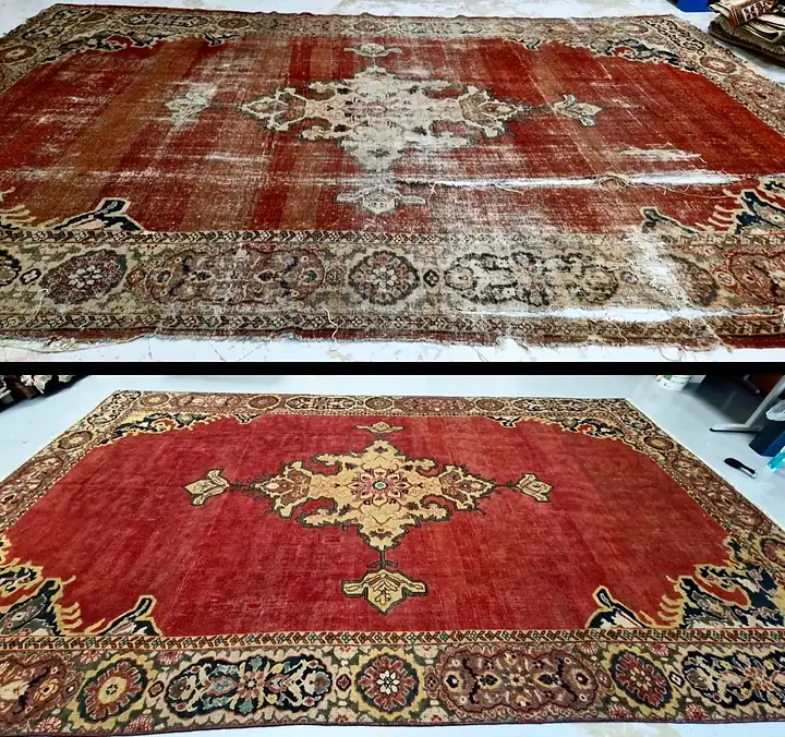 Avant et après recoloration d'un tapis à médaillon usé par le passage