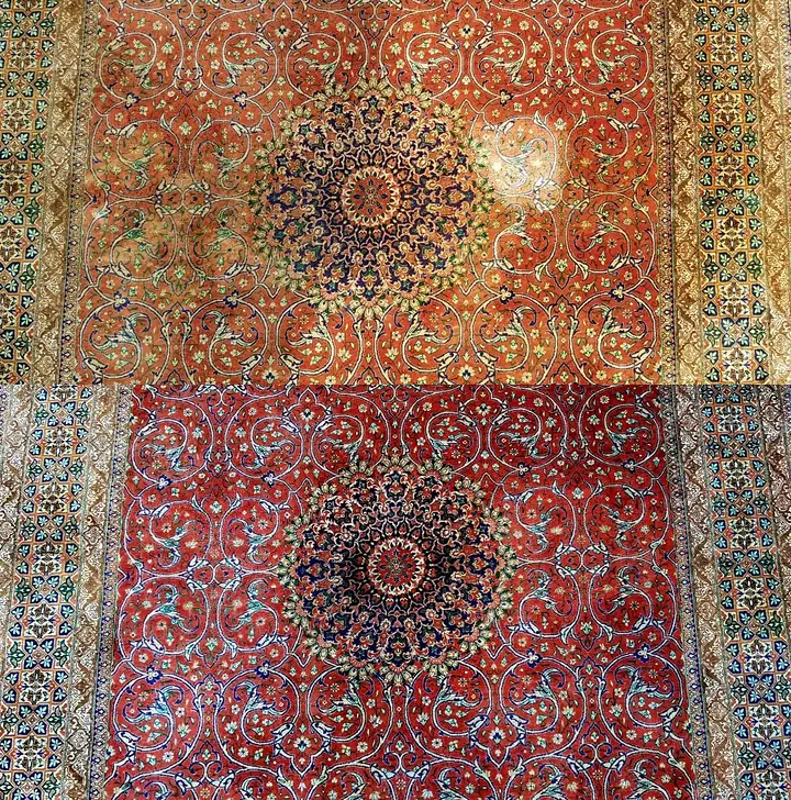 Avant et après recoloration d'un tapis persan à médaillon décoloré par le soleil
