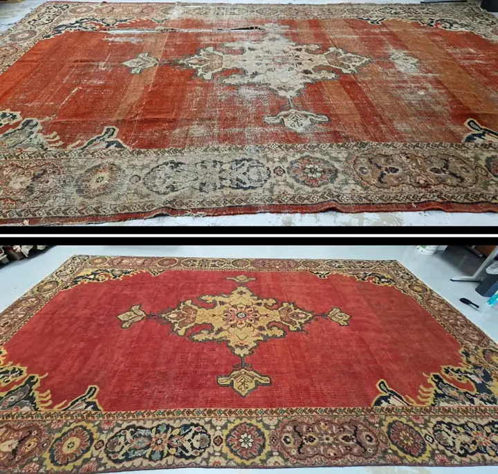 Avant et après ravivage des couleurs d'un grand tapis rouge à médaillon