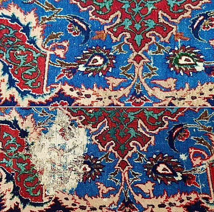 Avant et après reconstitution d'une zone décolorée par un produit chloré sur un tapis bleu
