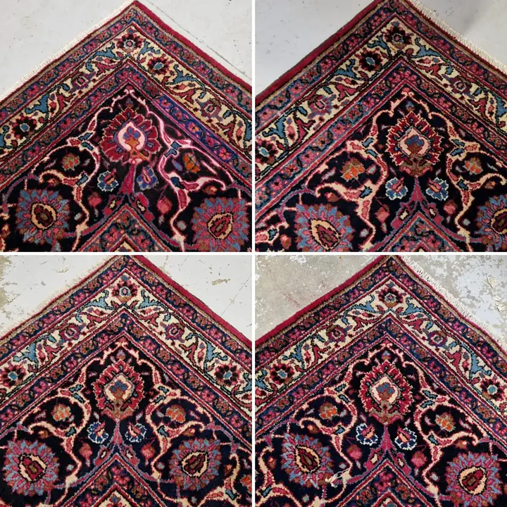 Avant et après restauration de l'angle d'un tapis persan à médaillon