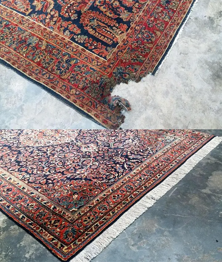 Avant et après restauration d'un coin de tapis d'Orient déchiré