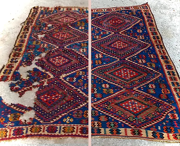 Avant et après restauration d'un kilim à motifs losangés
