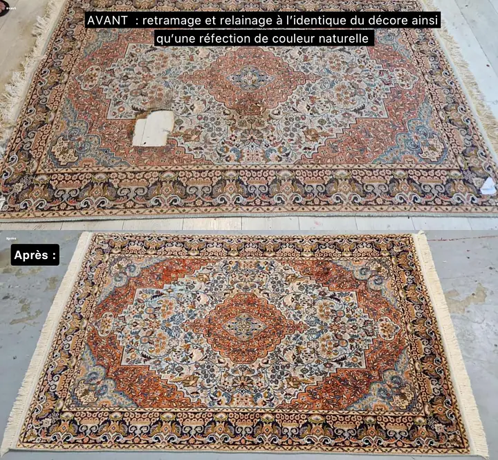 Avant et après retramage et relainage à l'identique d'un tapis persan avec réfection de couleur