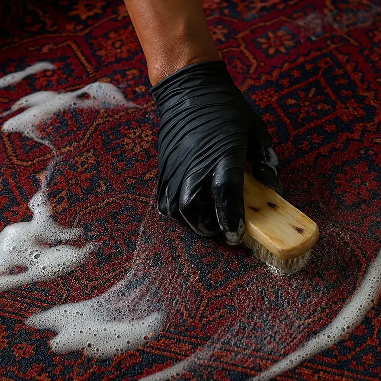 Main gantée brossant à la mousse le velours d'un tapis d'Orient rouge pendant le lavage en atelier