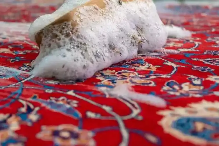 Gros plan d'une brosse douce et de la mousse de lavage sur un tapis persan à fond rouge