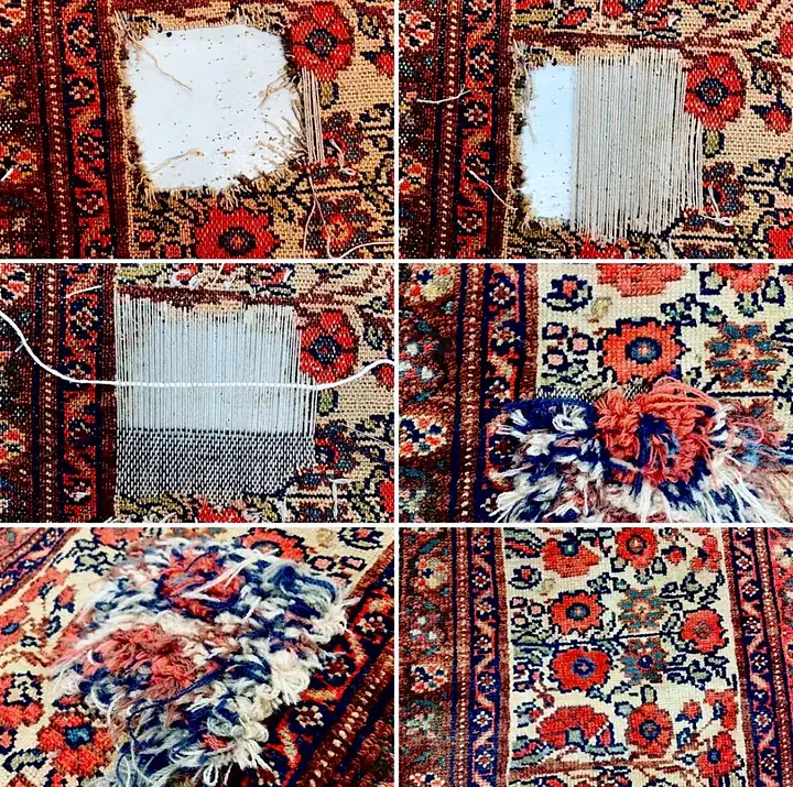 Six étapes de la restauration d'un trou dans un tapis persan, du trou nu au motif reconstitué